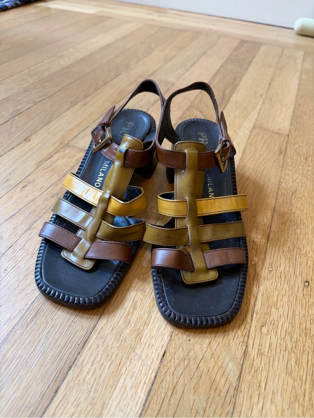Prada Two-Tone Brown & Mustard Leather Strappy Sandals 36.5